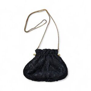 Carla Marchi Vintage Small Lace Evening Clutch Black Satin Gold Chain Bag